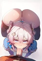 ai_generated big_ass big_butt blowjob cum cum_in_mouth dick_sucking dick_sucking_lips fellatio female_focus honkai:_star_rail honkai_(series) huge_ass huge_butt march_7th_(honkai:_star_rail) pov pov_eye_contact pov_male