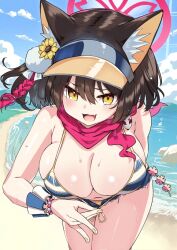 allied_hyakkiyako_academy_student alternate_breast_size beach bent_over bikini blue_archive cute_fang female huge_breasts izuna_(blue_archive) izuna_(swimsuit)_(blue_archive) naughty_face naughty_smile navel ninjutsu_research_club_(blue_archive) official_alternate_costume swimsuit teasing teasing_viewer