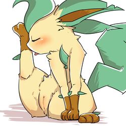 1girls blush canine clitoris closed_eyes digital_media_(artwork) eeveelution female female_only feral fur furry furry_only hi_res hybrid leaf leafeon licking long_ears mammal minami_juuji nintendo open_mouth paws plant pokemon pokemon_(species) presenting presenting_pussy pussy raised_leg simple_background sitting solo tail thick_thighs tongue tongue_out video_games white_background yellow_fur