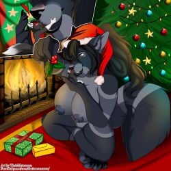 2019 absurd_res anthro breasts canid canine canis christmas christmas_clothing christmas_decorations christmas_headwear christmas_lights christmas_ornament christmas_present christmas_tree clothing duo extreme_size_difference female fire fireplace gift hat hat_only headgear headgear_only headwear headwear_only hi_res holidays kiss_on_lips kissing macro male male/female mammal micro mostly_nude nipples nude pawpads paws plant santa_hat size_difference thaismotosuwa tree wolf