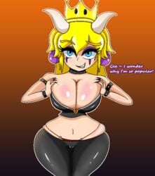 1girls big_breasts bowsette breasts cameltoe choker cleavage clothed female female_only genderswap horns hornylilylove large_breasts makeup mario_(series) new_super_mario_bros._u_deluxe nintendo solo text thighs thin_waist wide_hips