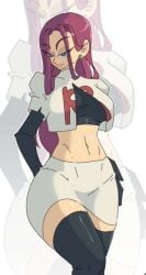 alternate_hairstyle earrings female female_focus fully_clothed hair_down jessie_(pokemon) leedraw11 looking_at_viewer nintendo pink_hair pokemon seductive seductive_smile thick_thighs thigh_highs thighs