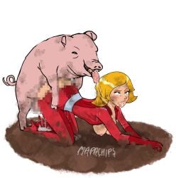 all_fours belt bent_over bestiality blonde_hair boots censored clover_(totally_spies) commission defeated defeated_heroine dirt dirty dirty_blonde_hair doggy_style from_behind gloves heroine interspecies latex_suit mapachips mud muddy_boots muddy_hair no_background pig pixiv pixiv_commission sex totally_spies zoophilia