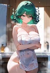 1girls a1exwell after_bath ai_generated alternate_body_type alternate_breast_size female female_only in_heat large_breasts one-punch_man solo stable_diffusion steam tatsumaki towel towel_only wet wet_skin