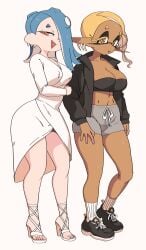 2girls big_breasts blue_hair breast_size_difference breasts chocolate_and_vanilla clothed dark-skinned_female dark_skin deep_cut_(splatoon) female frye_(splatoon) hair_over_one_eye high_heels inkling large_breasts light-skinned_female light_skin looking_at_viewer medium_breasts naughty_face nintendo octoling shiver_(splatoon) short_hair splatoon splatoon_(series) splatoon_3 tentacle_hair thick_thighs wide_hips yellow_hair yuta_agc