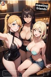 3girls ai_generated big_breasts black_hair blonde blonde_hair blue_hair blue_jeans blush breasts cleavage cowboy_shot dark_hair earrings elegant evening evening_dress female female_only flashing flashing_breasts half-dressed half_naked half_nude holding_underwear huge_breasts instagram instagram_model jean_shorts kuku light-skinned_female light_skin luxurious original_character panties portrait seductive selfie short_hair social_media solo story thong threesome