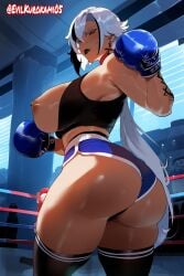 ai_generated arlecchino_(genshin_impact) black_lipstick boxing_ring dolphin_shorts evilkuro05 fighting_pose genshin_impact novelai sparring sports_bra thiccwithaq_(ai_style)