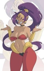 1girls big_breasts blue_eyes breasts busty cleavage clothed curvy dark-skinned_female female female_only grin leedraw11 navel one_eye_closed pointy_ears ponytail purple_hair shantae shantae_(character) smile solo wink