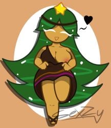 artist_signature big_breasts carol_cookie closed_eyes cookie_run cookie_run_kingdom cookie_run_ovenbreak dress_lift exposed_breasts green_hair headband heart one_breast_out one_leg_up partially_clothed sexzydahobo_(artist) simple_background smiling_at_viewer