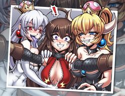 3girls big_breasts black_dress blonde_hair blue_eyes blush boosette bowsette bracelet brown_hair cleavage collar crown dress earrings elbow_gloves eyebrows_visible_through_hair genderswap gloves harem horns karosu-maker light-skinned_female light_skin long_hair mario_(series) new_super_mario_bros._u_deluxe nintendo ponytail purple_eyes purple_tongue red_eyes sharp_teeth smile spiked_bracelet spiked_collar super_crown tied_hair tongue tongue_out white_dress white_gloves white_hair yuri