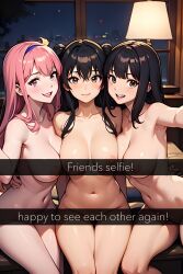 3girls ai_generated big_breasts black_hair blush breasts cleavage cowboy_shot dark_hair earrings elegant evening evening_dress female female_only flashing flashing_breasts friends half-dressed half_naked half_nude holding_underwear huge_breasts instagram_model kuku light-skinned_female light_skin luxurious original_character panties pink_hair portrait seductive selfie short_hair snapchat social_media solo story thong threesome