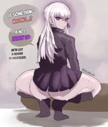 1girls angry best_girl big_ass broly_culo clueless danganronpa danganronpa:_trigger_happy_havoc dialogue english_text fat_ass fat_thighs female female_only frustrated hair_ornament human kirigiri_kyouko leather leather_clothing looking_at_viewer looking_back looking_back_at_viewer massive_ass meme oblivious ocerius purple_ass purple_hair questioning solo squat squatting squatting_cowgirl_position sweating sweating_profusely text thick_thighs thigh_highs white_hair white_hair_female