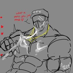 bara cap collar cum_dripping_from_penis cum_on_body cum_on_face cum_on_pecs gay hzin_(lustfulsai) masked_male masturbating_other solo