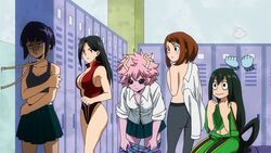ass black_pantyhose clothing exposed_torso footwear hagakure_tooru_(invisible) handwear hero_outfit_(mha) horns mina_ashido momo_yaoyorozu monster_girl mostly_nude my_hero_academia naked ochako_uraraka pantyhose screen_capture screencap screenshot tights tooru_hagakure tooru_hagakure_(invisible) tsuyu_asui worried