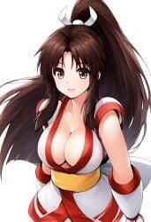 1girls ainu_clothes big_breasts brown_eyes brown_hair busty cleavage cosplay fatal_fury female female_only fingerless_gloves gloves hair_ribbon hi_res king_of_fighters large_breasts long_hair looking_at_viewer mai_shiranui nakoruru ponytail samurai_shodown smile snk solo voluptuous