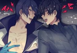 2boys atlus black_hair blue_hair color cum cum_in_mouth cum_on_body cum_on_hair cum_on_upper_body facial gameplay_mechanics gay gloves lying male male_only megami_tensei morimiya_(kuroro) multiple_boys open_mouth persona persona_5 ren_amamiya shin_megami_tensei short_hair smile tagme tongue tongue_out yaoi yusuke_kitagawa