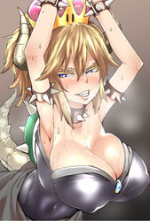 big_breasts blonde_hair bowsette breasts crown female female_only genderswap hands_tied hands_up horns huge_breasts mario_(series) new_super_mario_bros._u_deluxe nintendo sweat yonyon_(yotayota_honpo)