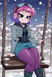 ai_generated boots clothed clothing female goggles_on_head hoodie jacket jean_skirt netflix pantyhose pink_hair purple_legwear ramona_flowers scott_pilgrim scott_pilgrim_takes_off skirt