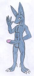 abs anthro balls blue_eyes blue_scales circumcised claws erection gin hand_behind_back looking_at_viewer maicakswilbrn male male_only muscular nude penis redboi scales sharp_teeth simple_background smile solo standing teeth twitchyanimation waving white_background