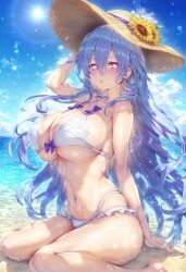 ai_generated beach big_breasts bikini blush cleavage flower full_body goddess hat iris_heart light_skin long_hair looking_at_viewer neptunia_(series) nepunep open_mouth pink_eyes plutia purple_hair sitting solo very_long_hair wet white_bikini