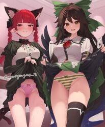 2girls 3_eyes animal_ear_fluff animal_ears black_hair black_skirt black_wings blunt_bangs blush bow bow_panties braid breasts cameltoe cat_ears cat_tail catgirl center_frills cleft_of_venus clenched_teeth clothes_lift crow_girl crow_wings embarrassed feathered_wings female frills groin hair_flaps highres kaenbyou_rin kanpa_(campagne_9) large_breasts lifting_own_clothes long_hair looking_at_viewer medium_breasts multi_eye multiple_girls multiple_tails okuu orin_(touhou) panties pink_panties pointy_ears red_eyes red_hair reiuji_utsuho ribbon-trimmed_panties rin_kaenbyou shirt single_thighhigh skirt skirt_lift smile stomach striped_clothes striped_panties sweat tail tails teeth thighhighs touhou twin_braids twitter_username underwear utsuho_reiuji very_long_hair white_shirt wings youkai