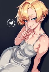 ai_generated blonde_hair blue_eyes bulge bulge_through_clothing curvy_figure dongtan_dress earrings femboy femenine_male gravure_soraka oc piercing seductive_look seductive_smile short_hair spaghetti_strap trap