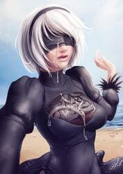 breasts cleavage clothed cum cum_on_breasts cum_on_face female luminyu nier nier:_automata tagme yorha_2b