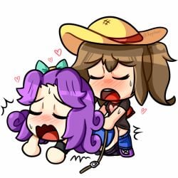 1futa 1girls 2d abigail_(stardew_valley) blush brown_hair chibi clothed clothing dickgirl duo erin_(ikeychain) eyes_closed female futa_on_female futanari hat heart hearts human ikeychain implied_futanari light-skinned_female light-skinned_futanari light_skin mostly_clothed original original_character purple_hair ribbon sex stardew_valley straw_hat tagme trans_(lore) trans_woman_(lore)