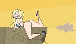 1girls accurate_art_style back_view bare_shoulders big_breasts bikini bikini_bottom bikini_top blonde_hair blue_eyes busty butt_crack cartoon_network cliff curvy dat_ass dawn_(tdi) day detailed_background female female_only g-string grimphantom high_heels hourglass_figure human leg_lift leg_up long_hair looking_at_viewer looking_back lying micro_bikini midriff mountain outdoor outside pose posing shadow shiny shiny_skin skimpy smiling solo string_bikini sweat swimsuit teenage thong total_drama:_revenge_of_the_island total_drama_island tree underboob voluptuous wide_hips yellow_hair