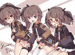 3boys absurdres ags-30_(girls_frontline) artist_name bar_censor blue_eyes blush brown_eyes censored crossdressing girls'_frontline glasses hair_ornament heart heart-shaped_pupils highres looking_at_viewer multiple_boys necktie open_mouth penis red_eyes simple_background sitting skirt skirt_lift stmaster symbol-shaped_pupils thighhighs trap v