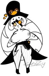 artist_signature big big_breasts blank_background blush cookie_run cookie_run_ovenbreak exposed_breasts heart looking_at_viewer motion_lines partially_clothed sexzydahobo_(artist) smile timekeeper_cookie top_hat yellow_eyes