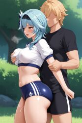 aether_(genshin_impact) ai_generated ass blush breast_grab breasts buruma eula_(genshin_impact) genshin_impact gym_uniform happy huge_ass medium_breasts nipples_visible_through_clothing outdoors shiny_skin sweaty_body tight_ass tight_clothing