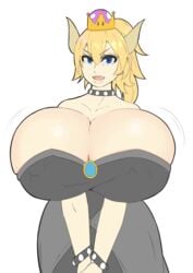 1girls 2018 big_breasts black_dress bowsette breasts cleavage clothing crown dress female female_only genderswap_(mtf) gigantic_breasts horns huge_breasts mario_(series) myuunium new_super_mario_bros._u_deluxe nintendo rule_63 simple_background solo standing white_background