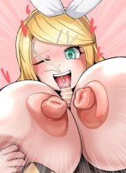 1boy 1girls alternate_breast_size aqua_eyes areolae blonde_hair breasts cum ejaculation hair_ribbon huge_breasts incest kagamine_len kagamine_rin looking_at_viewer muster_do nipples one_eye_closed outercourse paizuri penis pink_background pov straight straight titjob titjob vocaloid white_ribbon