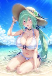 ai_generated beach big_breasts bikini blush cleavage flower front_view goddess green_hair green_heart happy hat light_skin long_hair looking_at_viewer mature_female neptunia_(series) nepunep open_mouth ponytail purple_eyes sitting smile solo vert wet