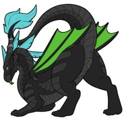 anus black_body dragon feathers female feral genitals green_eyes horn membrane_(anatomy) membranous_wings mythological_creature mythological_scalie mythology presenting_hindquaters pussy scales scalie smile solo standing symrea telegram_sticker wings