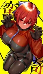 absurdres akatsuki_records alternate_costume black_bodysuit black_gloves blush bodysuit breasts claw_pose commentary_request female from_above garter_straps gloves hair_between_eyes highres large_breasts latex latex_bodysuit looking_at_viewer mature_female perfellcsaiko red_eyes red_hair rock_'n'_rock_'n'_beat rock_n_rock_n_beat sekibanki short_hair skin_tight solo touhou translation_request yellow_background zipper