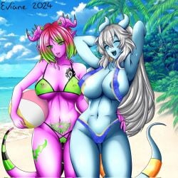 beach big_breasts blue_eyes blue_skin bodypaint draenei draenei_female eviane face_piercings green_eyes green_hair horns lily_(draenei) nipple_piercing pink_hair pussy pyrista summer tails tatoos tattoo_on_belly tattoo_on_chest tattoo_on_legs warcraft white_hair world_of_warcraft