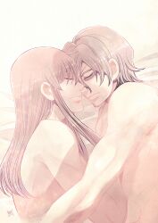 2boys bags_under_eyes brown_hair closed_eyes embrace facial_scar gay gintama grey_hair in_bed light_brown_hair long_hair long_hair_male male male_only mtsjoy4 nude oboro_(gintama) on_bed on_side profile smile toned toned_male upper_body wholesome yaoi yoshida_shouyo