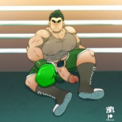 balls bara biceps big_penis blush bulge clothing erection little_mac male male_only male_pubic_hair mrbaraman muscular_male nintendo pecs penis punch_out sweat sweating tight_clothing