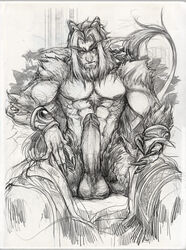 2013 akarash athletic balls big_penis blizzard_entertainment boner bracelet claws clothing erection glowing glowing_eyes hi_res huge_cock jewelry looking_at_viewer male male_focus male_only monochrome nipples nozdraws penis pointy_ears satyr sitting smutpot solo undressing video_games warcraft