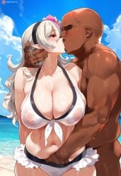 ai_generated bald beach bikini corrin_(fire_emblem) corrin_(fire_emblem)_(female) corrin_(summer)_(fire_emblem)_(female) dark-skinned_male fire_emblem fire_emblem_fates fire_emblem_heroes hand_in_panties kissing red_eyes see-through_clothing tagme tharkica wet_clothes white_hair