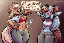 applejack_(mlp) big_ass big_breasts big_butt breasts conito female fit_female freckles furry furry_female huge_ass huge_breasts humanoid muscular my_little_pony orange_fur pony rainbow_dash_(mlp) rainbow_hair rule34 ship workout yuri