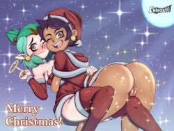 2girls amity_blight ass big_ass blush bottomless breasts brown_hair canon_couple chivox00 chocolate_and_vanilla christmas christmas_outfit dark-skinned_female dark_skin disney disney_channel dominican dyed_hair female female_only green_hair hispanic human humanoid interracial_yuri latina looking_at_viewer looking_back luz_noceda magic multiple_girls one_eye_closed open_mouth pale_skin pointy_ears pussy santa_costume santa_hat short_green_hair short_hair small_breasts the_owl_house thighhighs vagina witch yuri