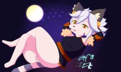 2018 anthro aquariusfox ass blush bottomless breasts clothed clothing costume digital_media_(artwork) ear_piercing elh_melizee feline felineko female fur hair halloween holidays looking_at_viewer magic_user mammal nude piercing pussy shirt simple_background smile solatorobo solo tongue video_games witch