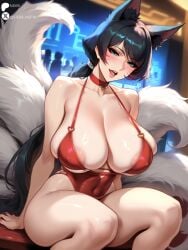 ahri ai_generated animal_ears big_breasts black_hair default_ahri female league_of_legends multiple_tails sie69 stable_diffusion swimsuit tail