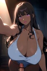 ai_generated big_breasts breasts cock dick disgusted huge_breasts large_breasts lipstick myaim original_character penis pink_eyes pink_lips pink_lipstick selfie shiny_eyes small_penis small_penis_humiliation swimsuit tagme tan tan_body tan_skin