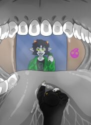 black_hair giantess grey_skin homestuck horns karkat_vantas long_ears mirror mirror_selfie nepeta_leijon nikonoir open_mouth phone saliva short_hair short_hair_female shrinking teeth tongue_out troll vore yellow_eyes