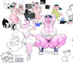 adventure_time aggie.io big_ass big_breasts big_butt blood blue_skin blush cap cartoon_network finn_the_human hands_behind_head legs_apart monkey monkey_girl monkey_humanoid monkey_tail multiple_artists multiple_boys multiple_characters multiple_girls pink pink_body pink_hair pink_skin princess_bubblegum red_eyes shadow_over_eyes sinisterbart_(artist) squatting sweaty sweaty_butt tagme tongue tongue_out white_fur