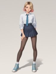 ai_generated ankle_socks anklehighs bangs black_legwear black_pantyhose blonde_hair blue_eyes blue_footwear blue_necktie blue_skirt brown_pantyhose closed_mouth clothing collared_shirt contrapposto converse female female_only footwear full_body gradient_hair gwen_stacy gwen_stacy_(spider-verse) gwendolyn_maxine_stacy hand_on_own_thigh high-waist_skirt legwear lips long_sleeves looking_at_viewer marvel miniskirt multicolored_hair necktie original pantyhose piercing pink_hair pleated_skirt school_uniform shadow shirt shirt_tucked_in shoes short_hair simple_background skirt sleeves_rolled_up sneakers socks socks_and_shoes socks_over_pantyhose solo spider-gwen spider-man:_across_the_spider-verse spider-man:_into_the_spider-verse spider-man_(series) standing two-tone_hair uniform white_background white_shirt white_socks xsfmworks